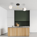 Plafondlamp gepoedercoat staal en glas Magnum 2 lichts, zwart goud met witte glazen kappen, 55 cm breed