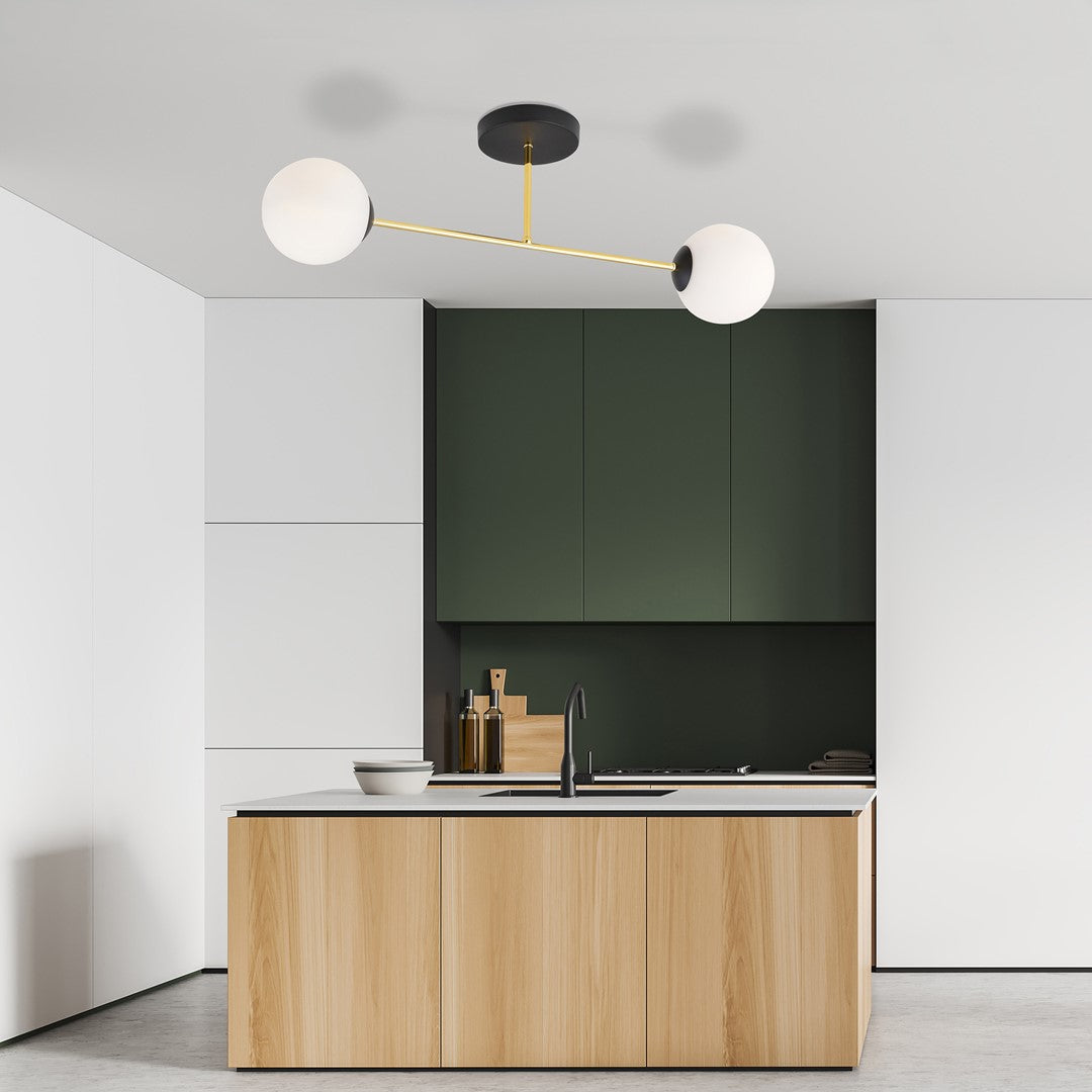 Plafondlamp gepoedercoat staal en glas Magnum 2 lichts, zwart goud met witte glazen kappen, 55 cm breed