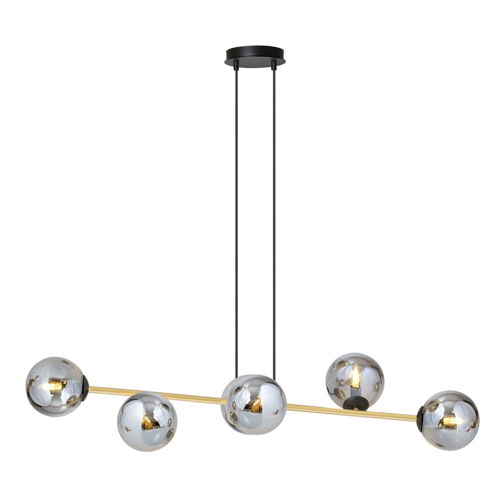 Hanglamp gepoedercoat staal en glas Gravity glamour zwart met goud, 6 fittingen E14, breedte 110 cm