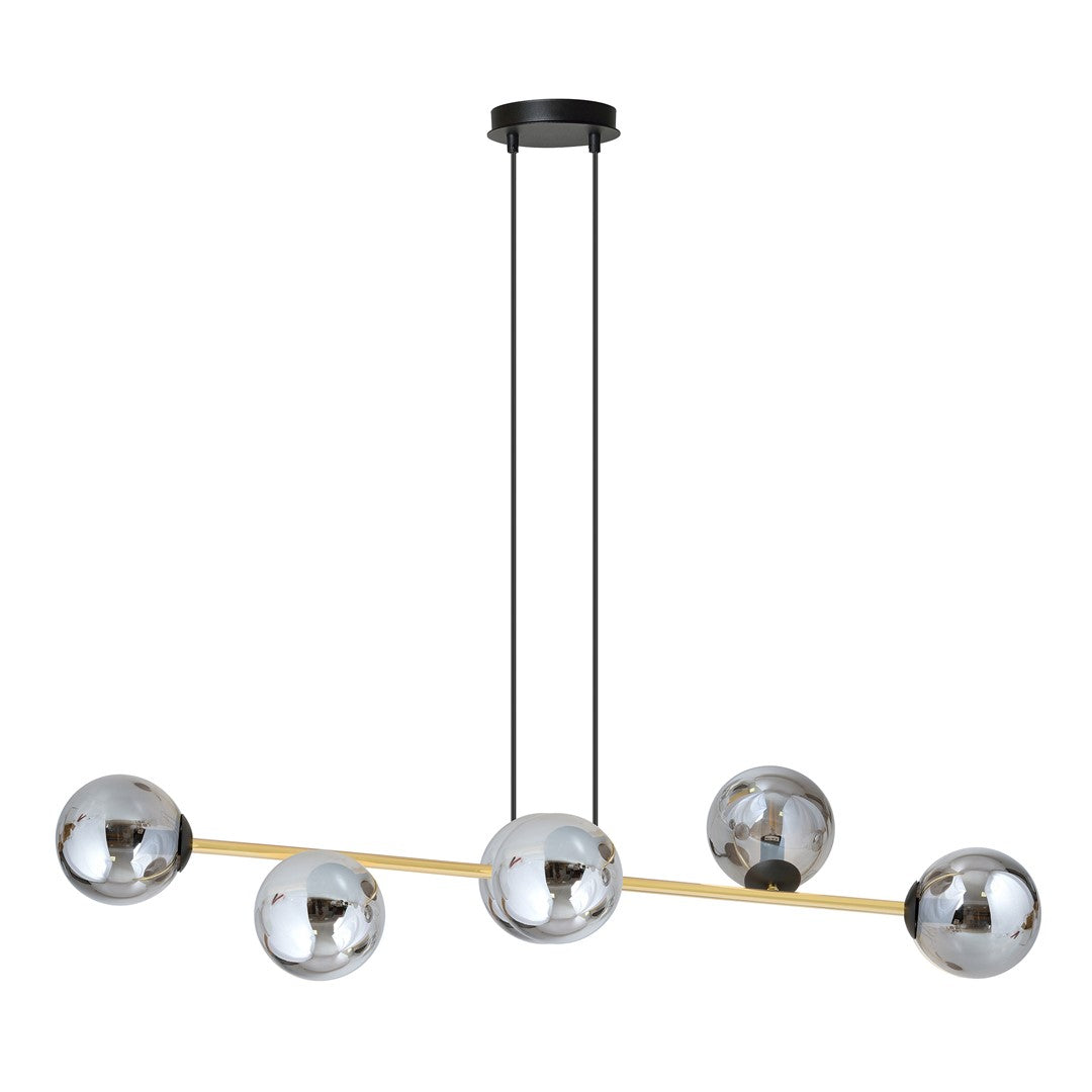 Hanglamp gepoedercoat staal en glas Gravity glamour zwart met goud, 6 fittingen E14, breedte 110 cm