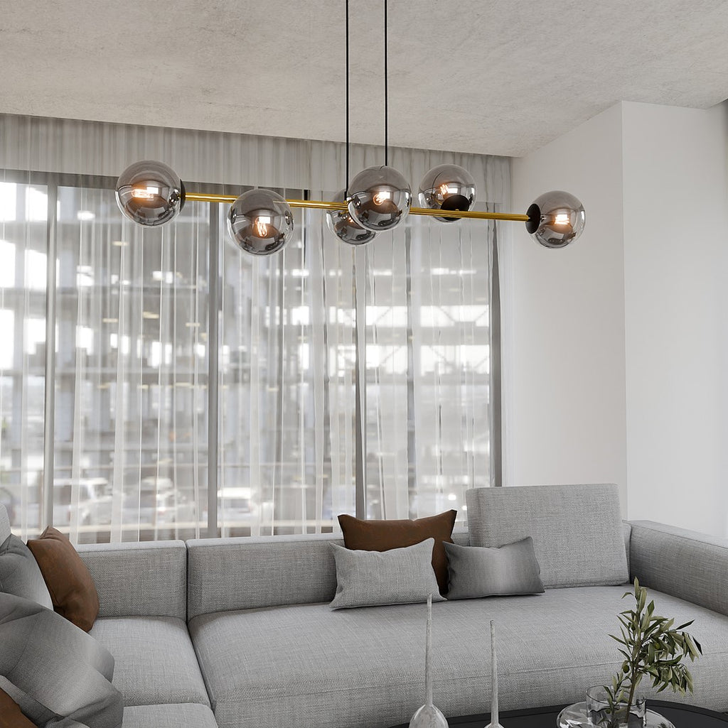 Hanglamp gepoedercoat staal en glas Gravity glamour zwart met goud, 6 fittingen E14, breedte 110 cm
