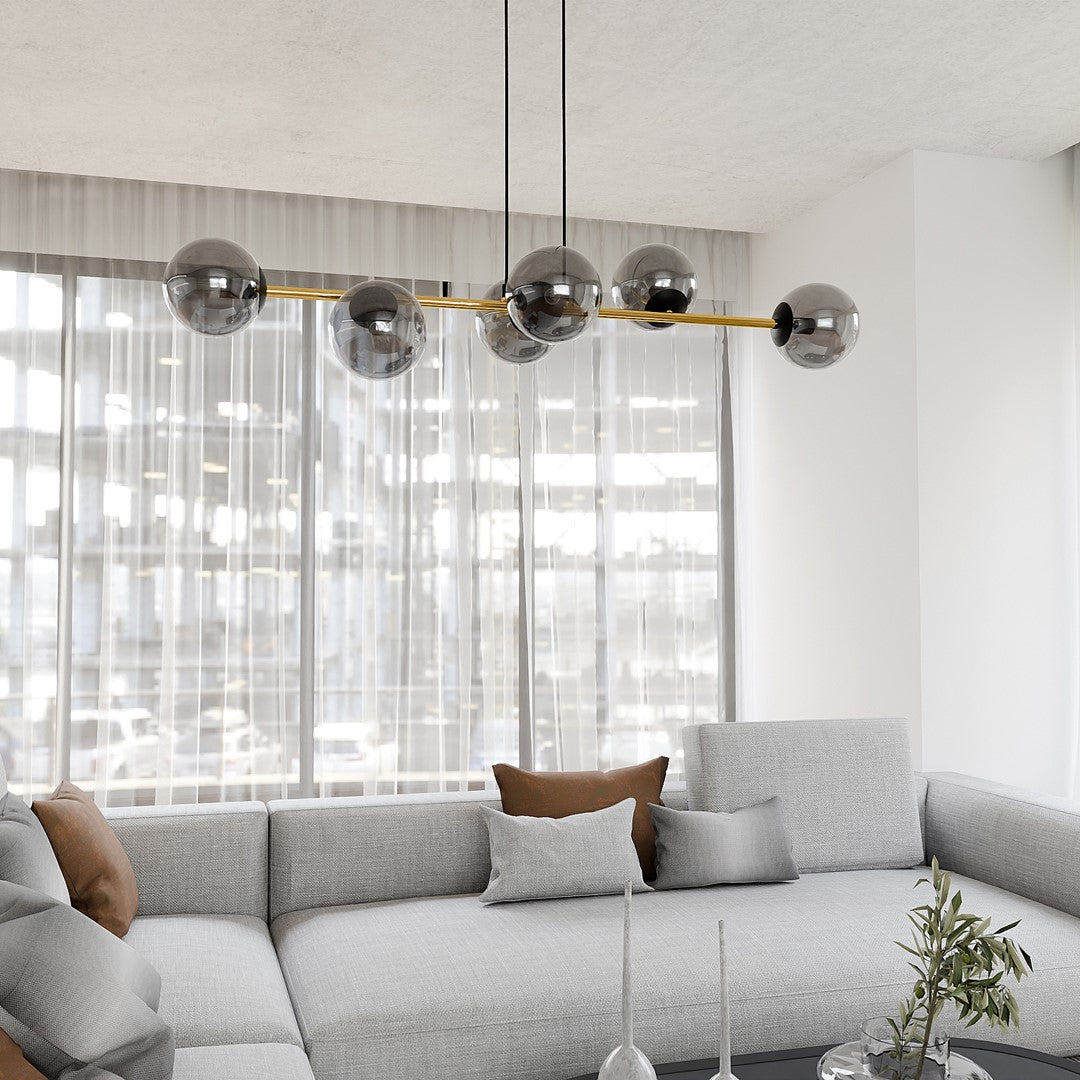 Hanglamp gepoedercoat staal en glas Gravity glamour zwart met goud, 6 fittingen E14, breedte 110 cm