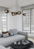Hanglamp gepoedercoat staal en glas Gravity glamour zwart met goud, 6 fittingen E14, breedte 110 cm