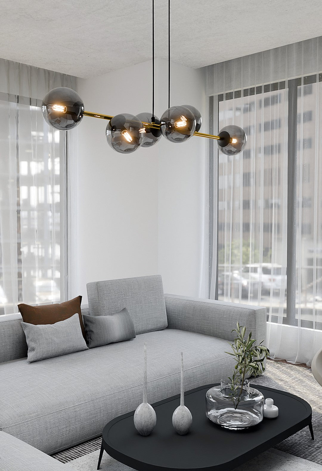 Hanglamp gepoedercoat staal en glas Gravity glamour zwart met goud, 6 fittingen E14, breedte 110 cm