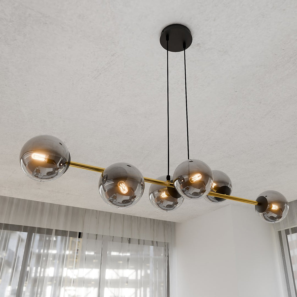 Hanglamp gepoedercoat staal en glas Gravity glamour zwart met goud, 6 fittingen E14, breedte 110 cm