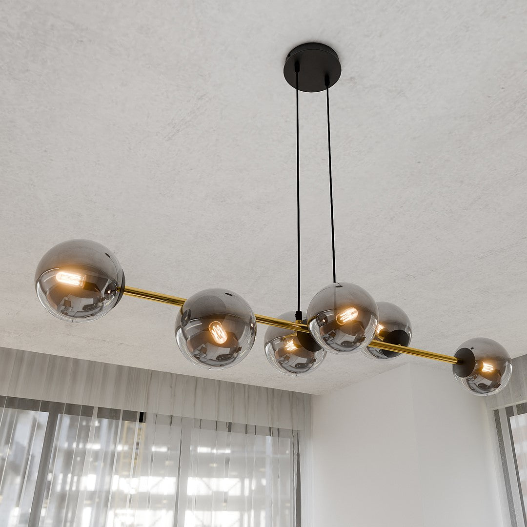 Hanglamp gepoedercoat staal en glas Gravity glamour zwart met goud, 6 fittingen E14, breedte 110 cm