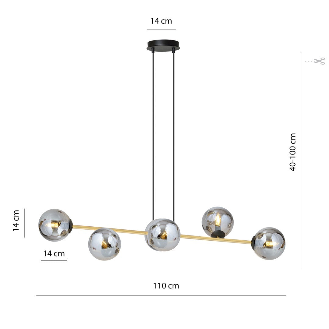 Hanglamp gepoedercoat staal en glas Gravity glamour zwart met goud, 6 fittingen E14, breedte 110 cm
