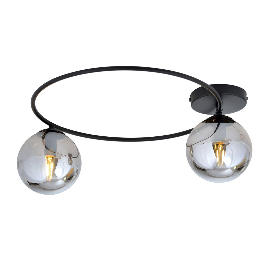 Plafondlamp staal en glas Sopra minimalistisch, zwart met grafiet glazen kappen, 2 x E14, 47 x 20 cm