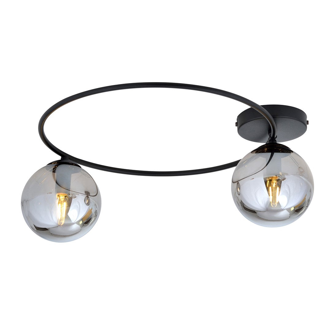 Plafondlamp staal en glas Sopra minimalistisch, zwart met grafiet glazen kappen, 2 x E14, 47 x 20 cm