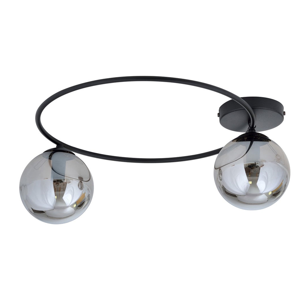 Plafondlamp staal en glas Sopra minimalistisch, zwart met grafiet glazen kappen, 2 x E14, 47 x 20 cm