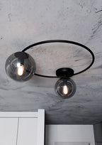 Plafondlamp staal en glas Sopra minimalistisch, zwart met grafiet glazen kappen, 2 x E14, 47 x 20 cm