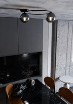 Plafondlamp staal en glas Sopra minimalistisch, zwart met grafiet glazen kappen, 2 x E14, 47 x 20 cm
