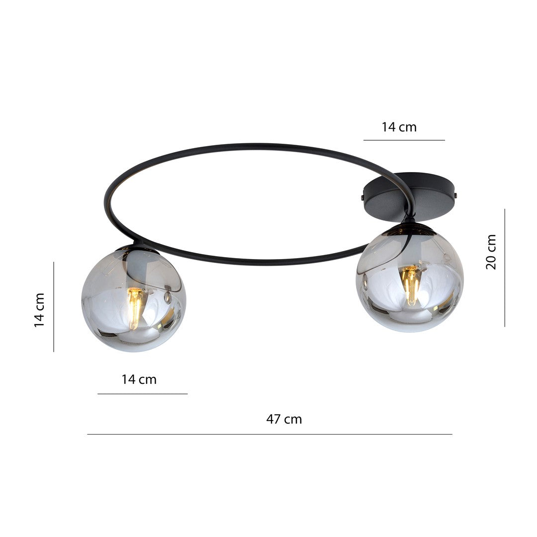 Plafondlamp staal en glas Sopra minimalistisch, zwart met grafiet glazen kappen, 2 x E14, 47 x 20 cm