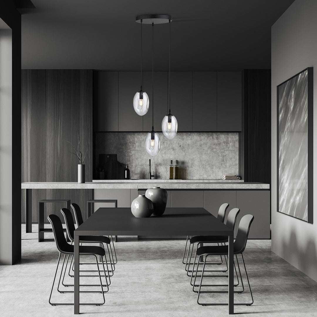 Hanglamp gepoedercoat staal en glas, modern Astraal, zwart met transparante kappen, 3 lichtpunten E14 – 40 x 100 cm