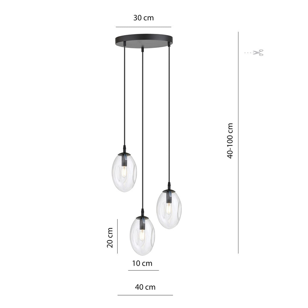 Hanglamp gepoedercoat staal en glas, modern Astraal, zwart met transparante kappen, 3 lichtpunten E14 – 40 x 100 cm
