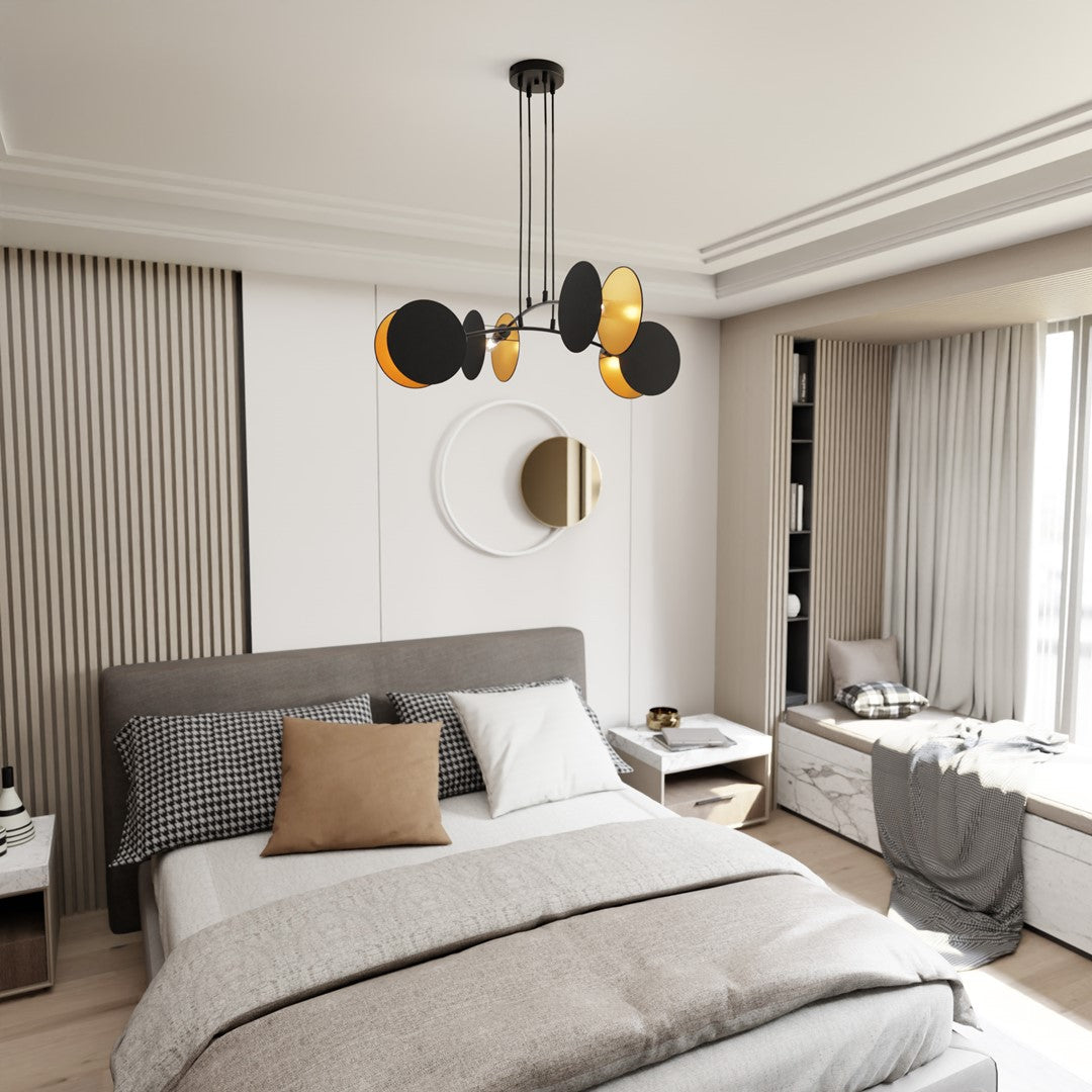 Hanglamp gepoedercoat staal Motif 4 zwart goud, stoffen kappen Ø 20 cm, 4 x E27, eettafel