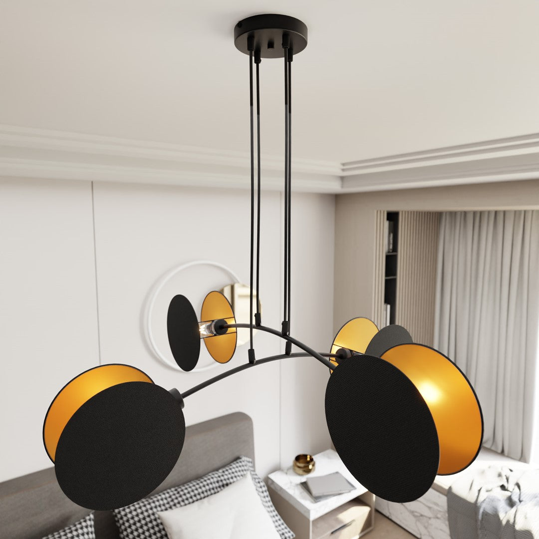 Hanglamp gepoedercoat staal Motif 4 zwart goud, stoffen kappen Ø 20 cm, 4 x E27, eettafel