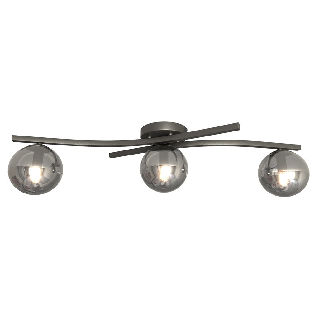 Plafondlamp gepoedercoat staal en glas Opus modern, zwart met grafiet kapjes, 60 x 20 cm, 3 fittingen E14