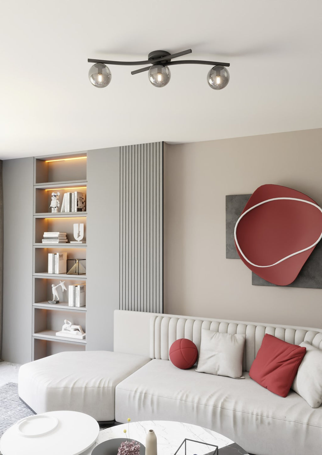 Plafondlamp gepoedercoat staal en glas Opus modern, zwart met grafiet kapjes, 60 x 20 cm, 3 fittingen E14