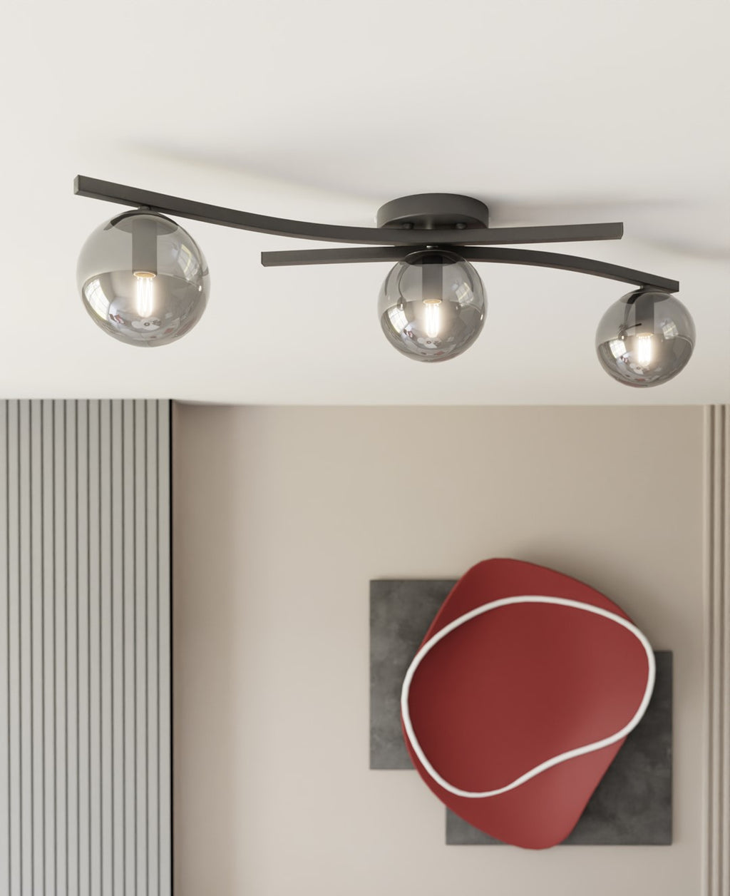 Plafondlamp gepoedercoat staal en glas Opus modern, zwart met grafiet kapjes, 60 x 20 cm, 3 fittingen E14