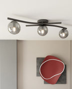 Plafondlamp gepoedercoat staal en glas Opus modern, zwart met grafiet kapjes, 60 x 20 cm, 3 fittingen E14