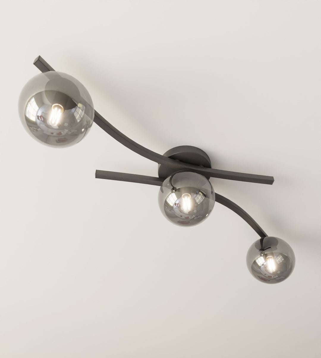 Plafondlamp gepoedercoat staal en glas Opus modern, zwart met grafiet kapjes, 60 x 20 cm, 3 fittingen E14