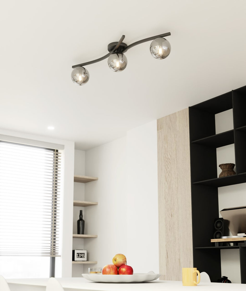 Plafondlamp gepoedercoat staal en glas Opus modern, zwart met grafiet kapjes, 60 x 20 cm, 3 fittingen E14