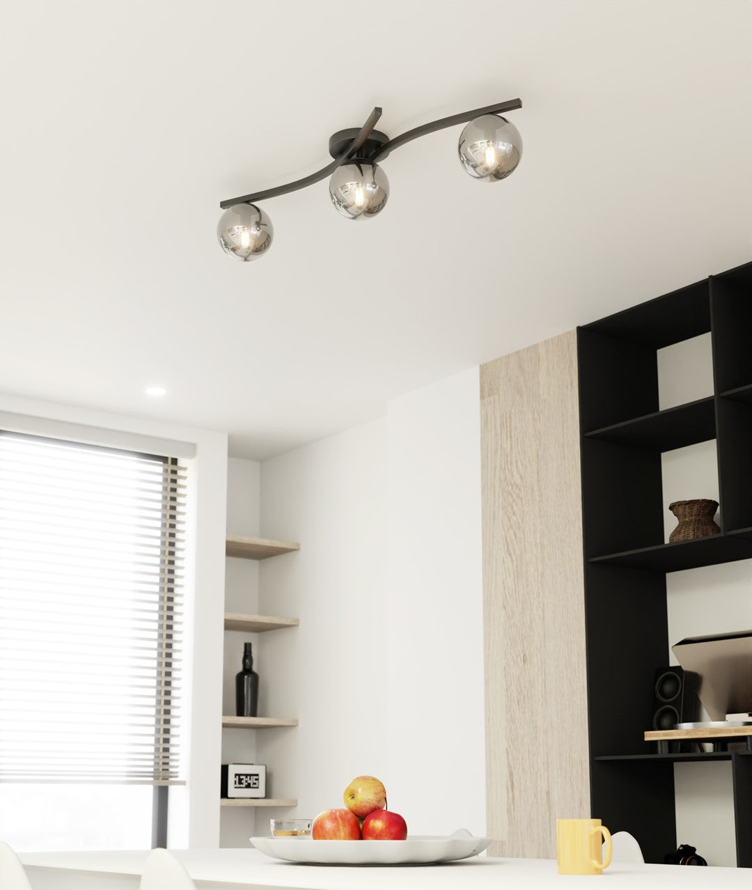Plafondlamp gepoedercoat staal en glas Opus modern, zwart met grafiet kapjes, 60 x 20 cm, 3 fittingen E14