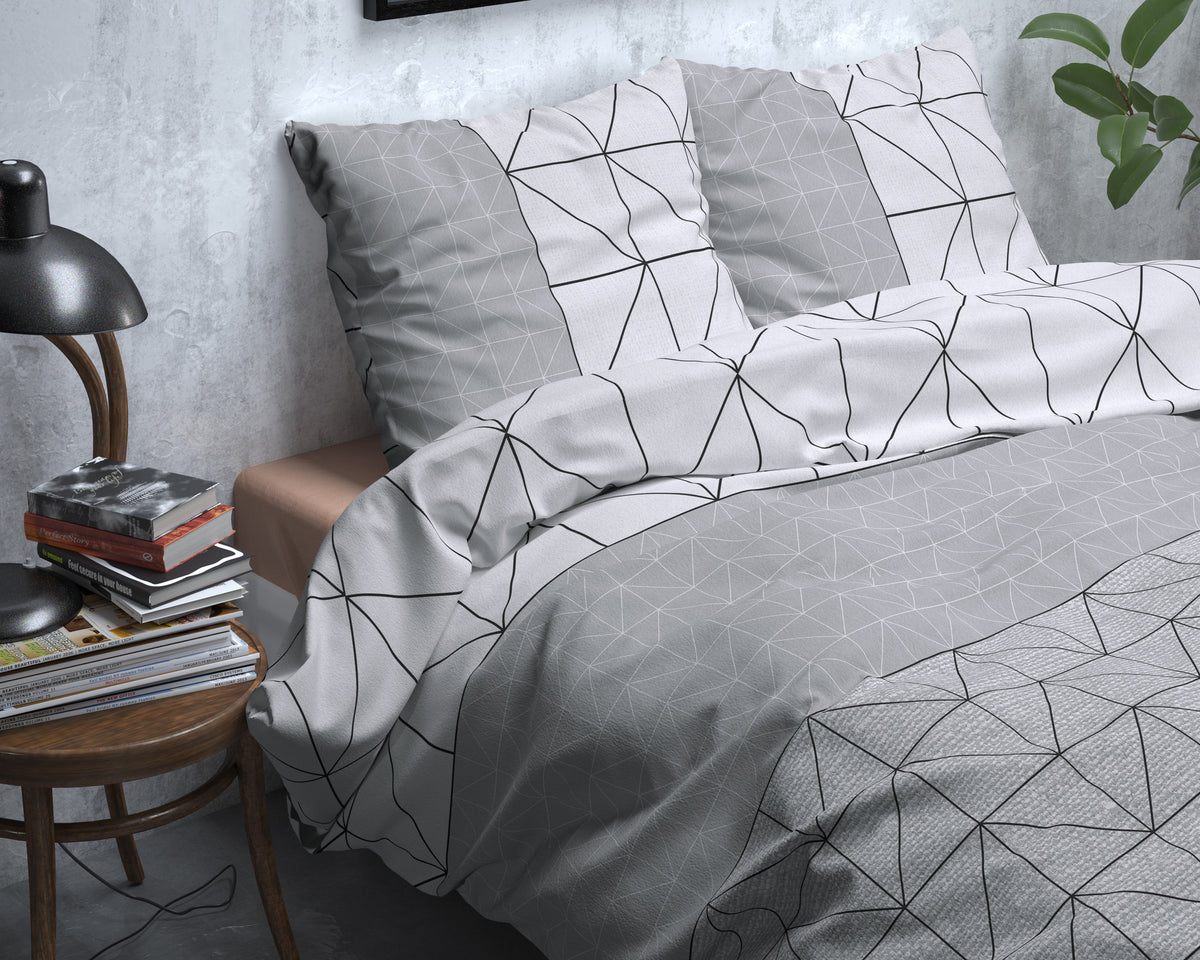 Dekbedovertrek flanel katoen Gino grijs wit geometrisch 140 x 220 cm, met 1 kussensloop 60 x 70 cm