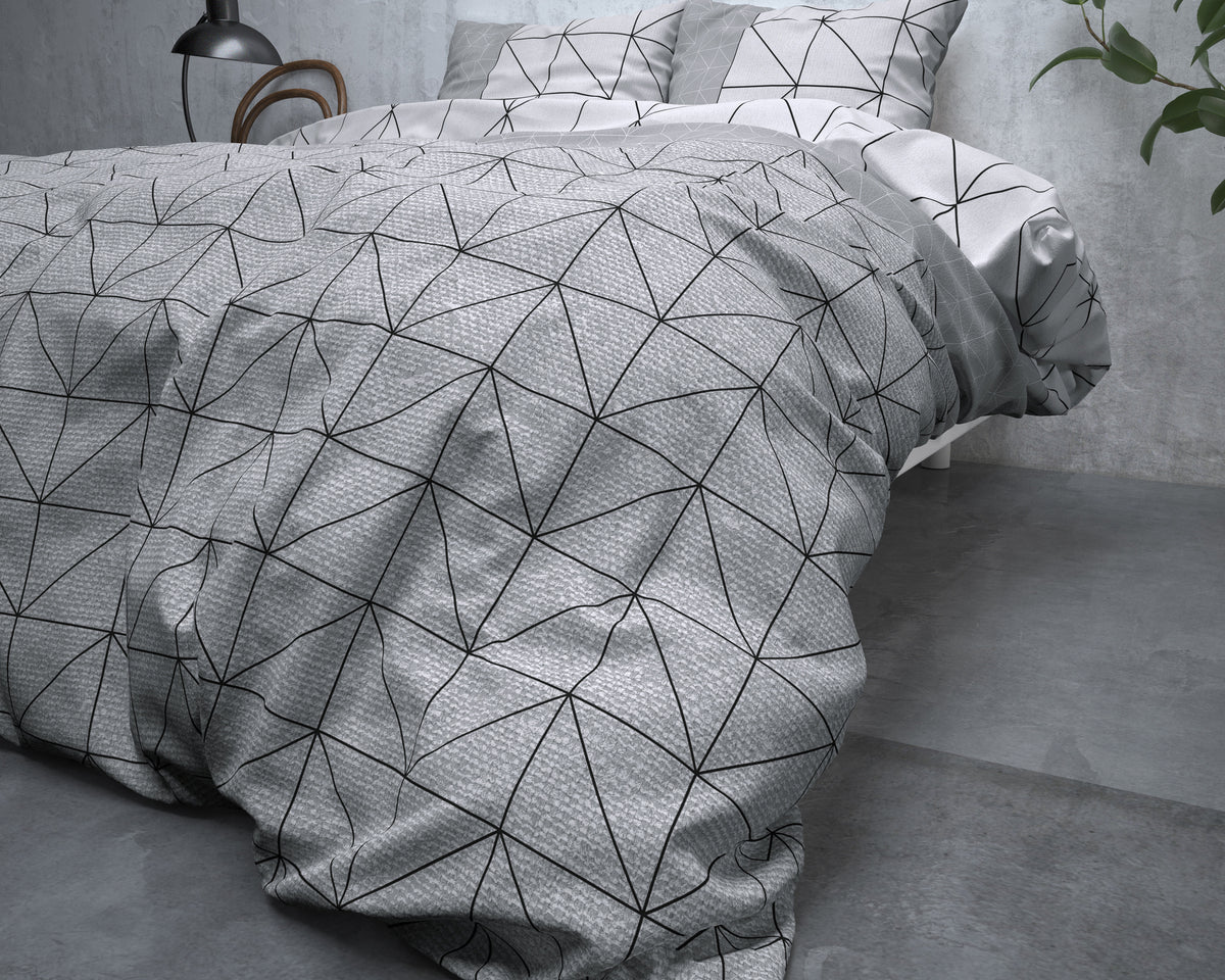 Dekbedovertrek flanel katoen Gino grijs wit geometrisch 140 x 220 cm, met 1 kussensloop 60 x 70 cm