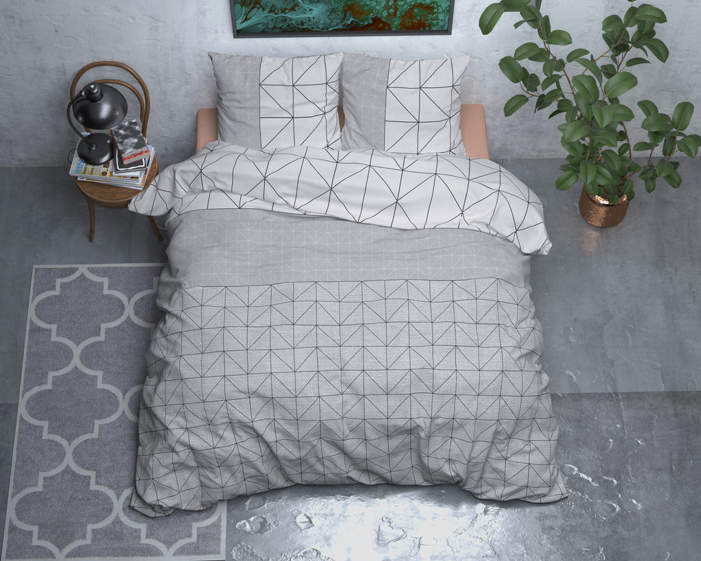 Dekbedovertrek flanel grijs geometrisch, Gino 240 x 220 cm, met 2 kussenslopen 60 x 70 cm