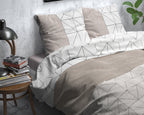 Dekbedovertrek flanel taupe geometrisch dessin 140 x 220 cm, met 1 kussensloop 60 x 70 cm