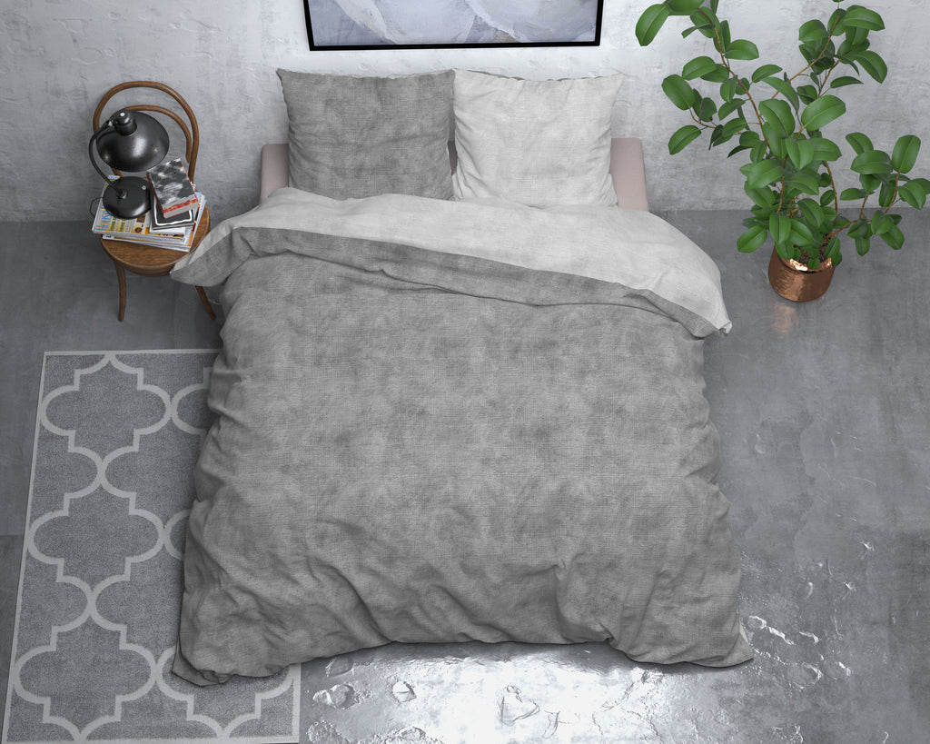 Dekbedovertrek flanel gewassen katoen grijs 240 x 220 cm, met 2 kussenslopen 60 x 70 cm