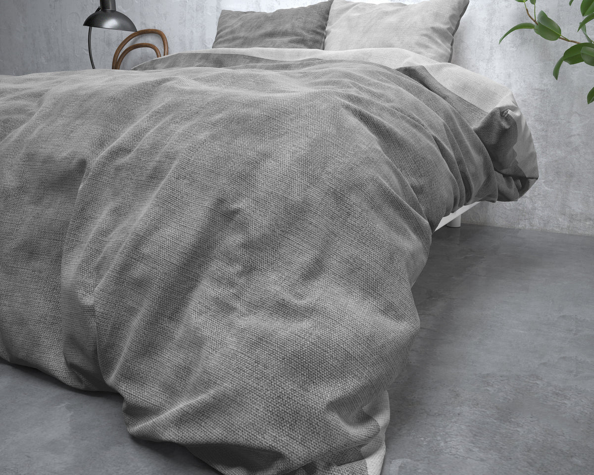 Dekbedovertrek flanel gewassen katoen grijs 240 x 220 cm, met 2 kussenslopen 60 x 70 cm