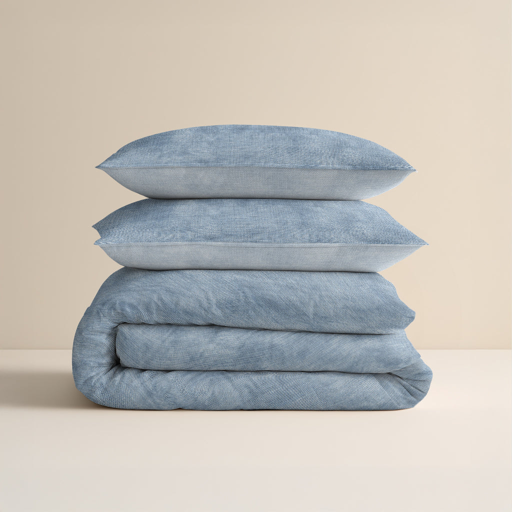 Dekbedovertrek flanel katoen gewassen blauw 140 x 220 cm, kussenslopen 60 x 70 cm