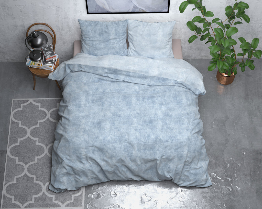 Dekbedovertrek flanel katoen gewassen blauw 140 x 220 cm, kussenslopen 60 x 70 cm
