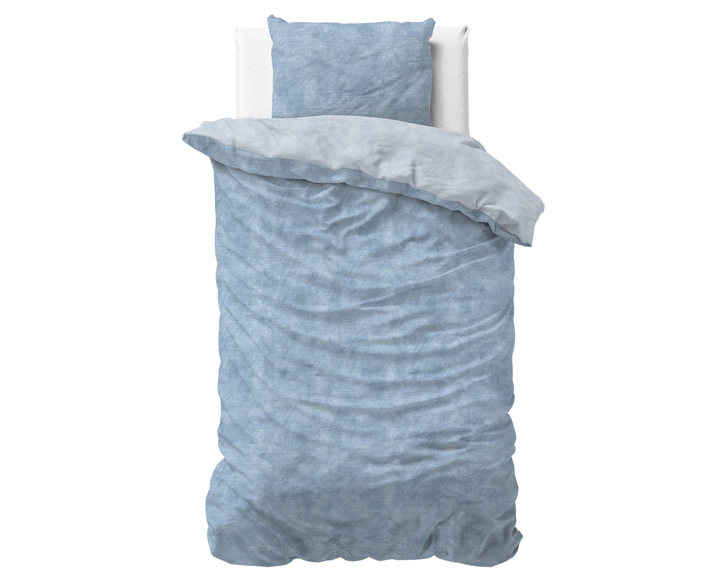 Dekbedovertrek flanel katoen gewassen blauw 140 x 220 cm, kussenslopen 60 x 70 cm