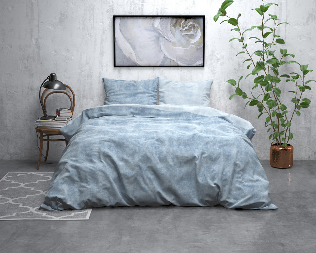 Dekbedovertrek flanel katoen gewassen blauw 140 x 220 cm, kussenslopen 60 x 70 cm