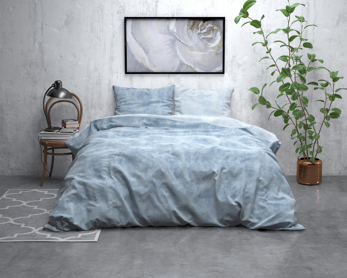 Dekbedovertrek flanel katoen gewassen blauw 140 x 220 cm, kussenslopen 60 x 70 cm