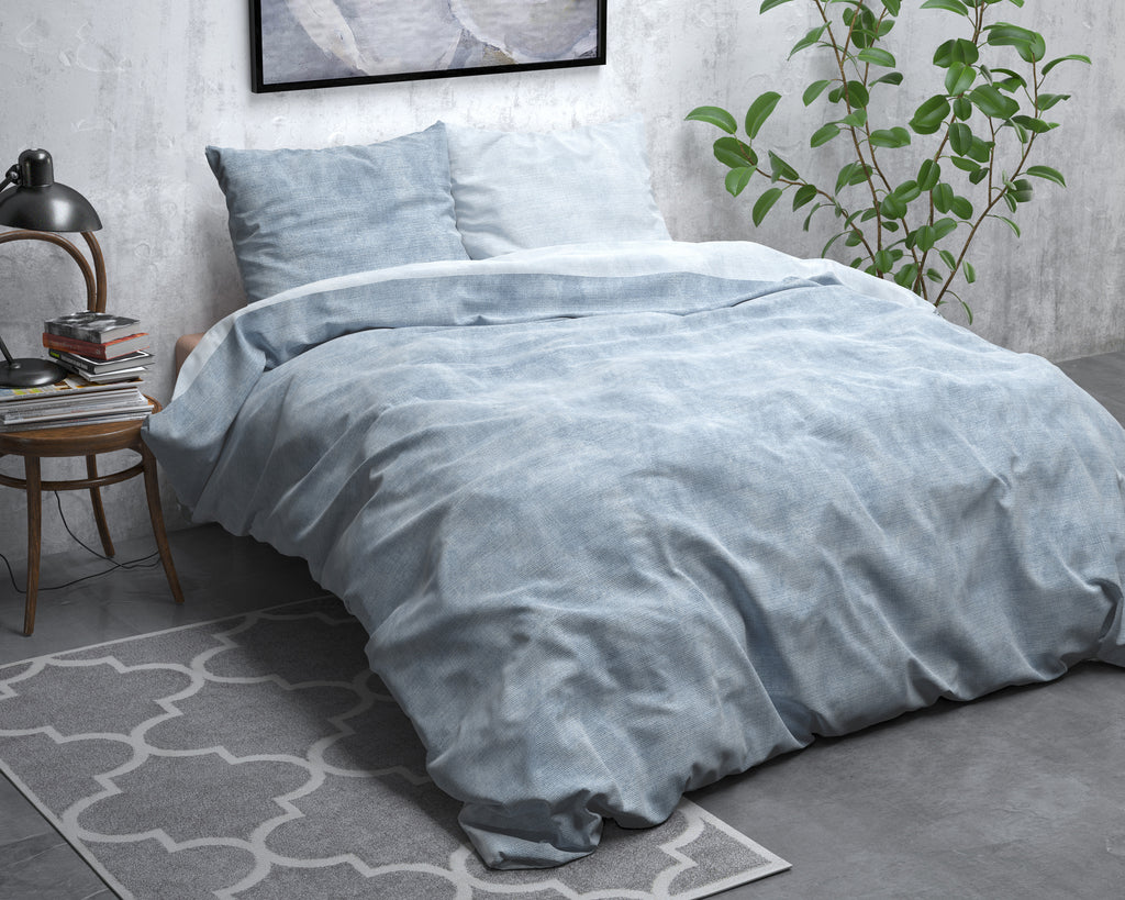 Dekbedovertrek flanel katoen gewassen blauw 140 x 220 cm, kussenslopen 60 x 70 cm