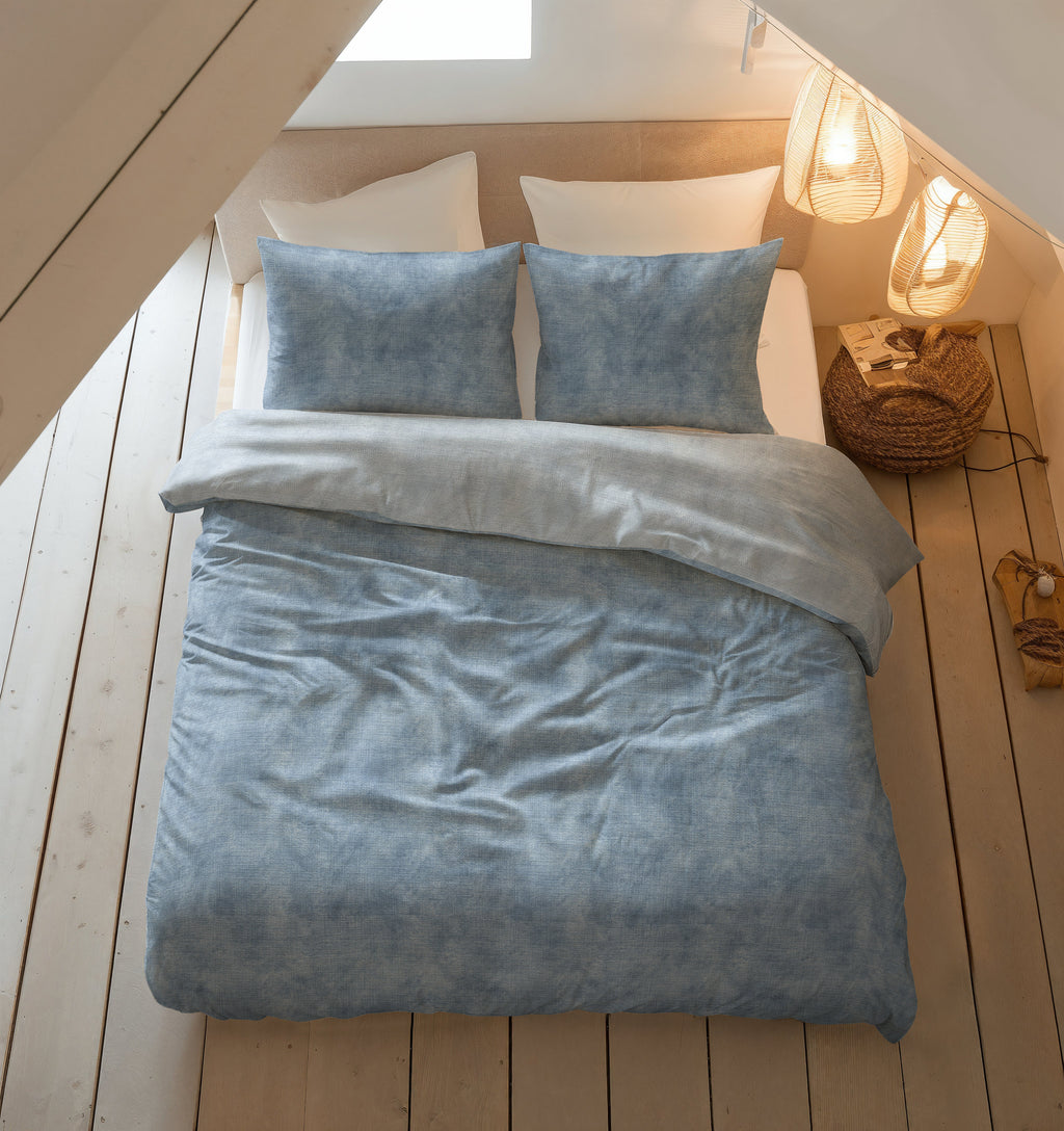 Dekbedovertrek flanel katoen gewassen look blauw 240 x 220 cm, met 2 kussenslopen 60 x 70 cm