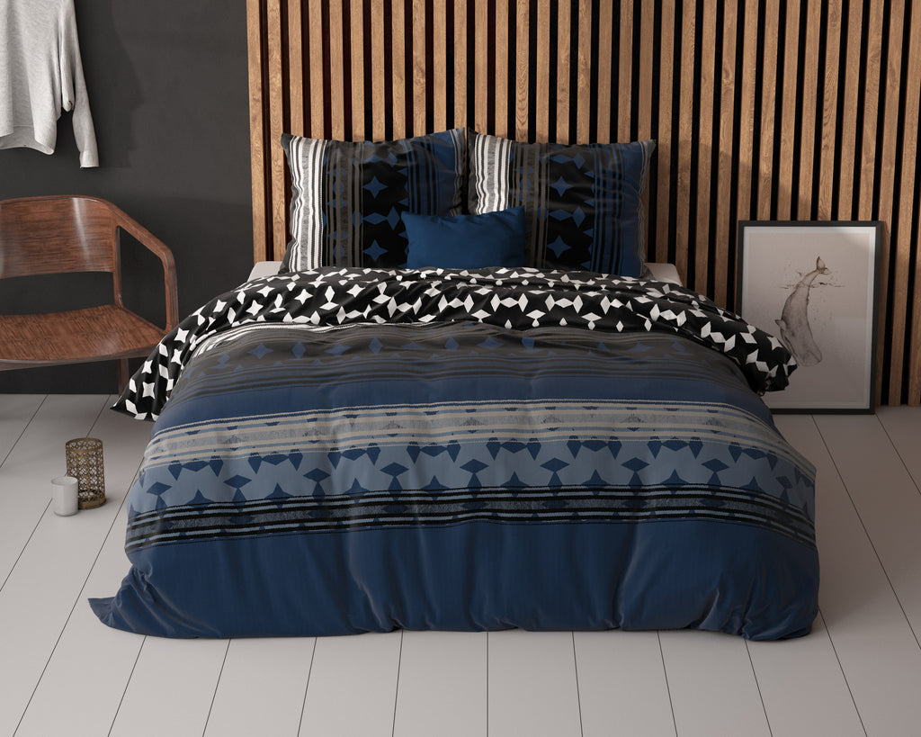 Dekbedovertrek micropercal katoen marineblauw met grafische print 240 x 220 cm, met 2 kussenslopen 60 x 70 cm