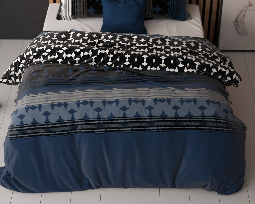 Dekbedovertrek micropercal katoen marineblauw met grafische print 240 x 220 cm, met 2 kussenslopen 60 x 70 cm