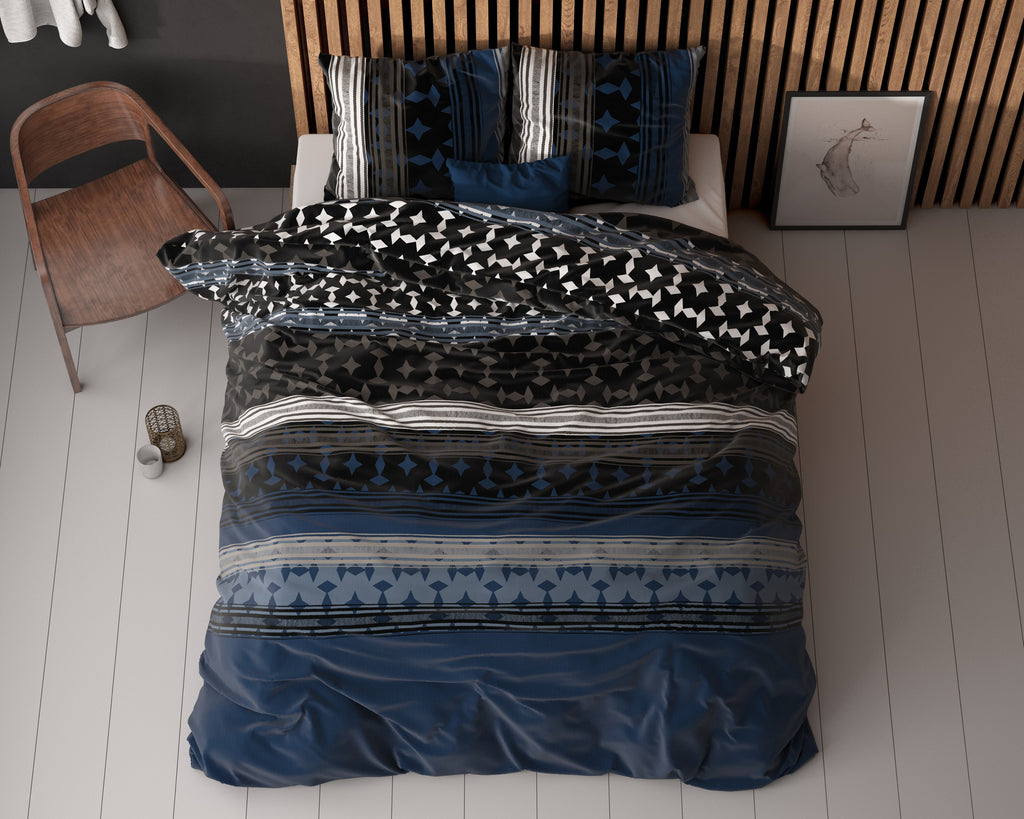 Dekbedovertrek micropercal katoen marineblauw met grafische print 240 x 220 cm, met 2 kussenslopen 60 x 70 cm