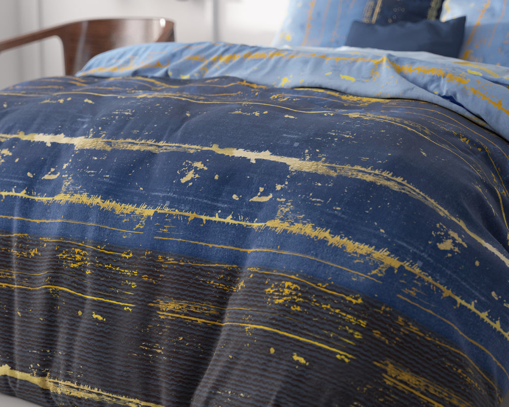 Dekbedovertrek micropercal katoen Scratchy blauw met goud 200 x 220 cm, met kussensloop 60 x 70 cm