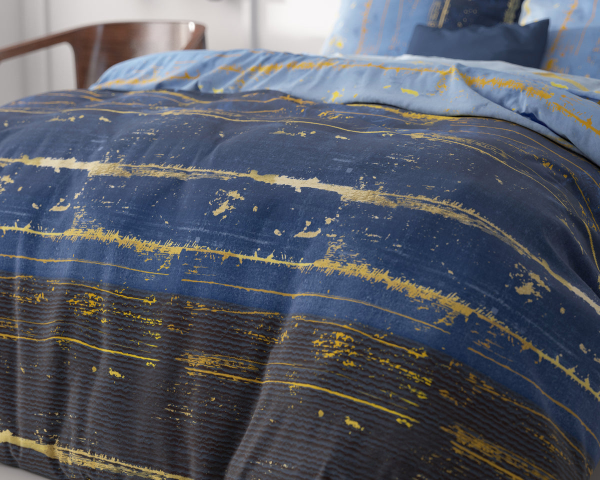 Dekbedovertrek micropercal katoen Scratchy blauw met goud 200 x 220 cm, met kussensloop 60 x 70 cm