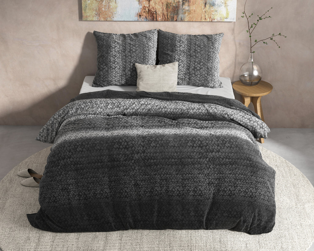 Dekbedovertrek flanel antraciet verloop gebreid motief 200 x 220 cm, met 2 kussenslopen 60 x 70 cm