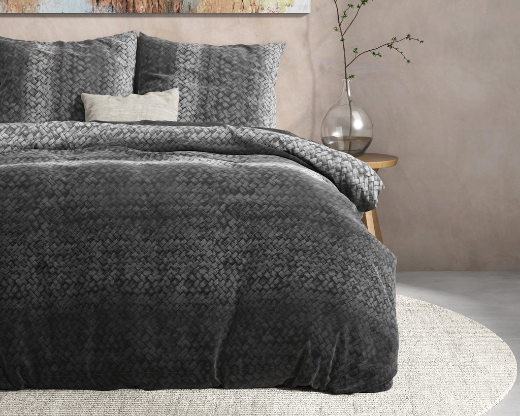 Dekbedovertrek flanel katoen gebreid kleurverloop antraciet 240 x 220 cm, met 2 kussenslopen 60 x 70 cm