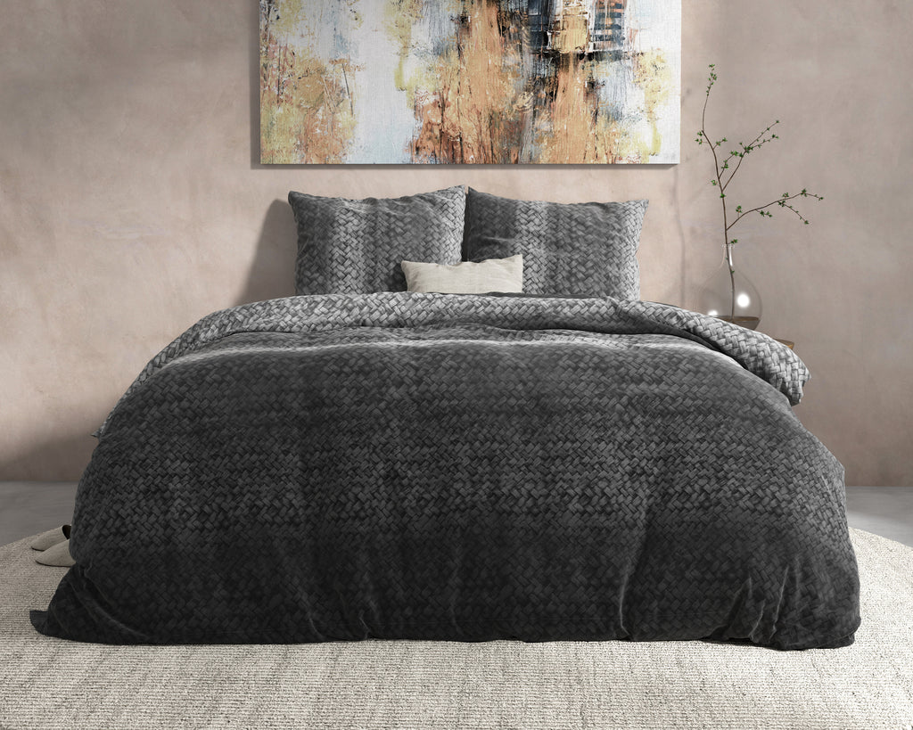 Dekbedovertrek flanel katoen gebreid kleurverloop antraciet 240 x 220 cm, met 2 kussenslopen 60 x 70 cm