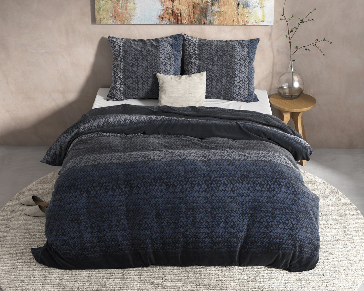 Dekbedovertrek flanel katoen gebreid kleurverloop blauw 200 x 220 cm, met 2 kussenslopen 60 x 70 cm